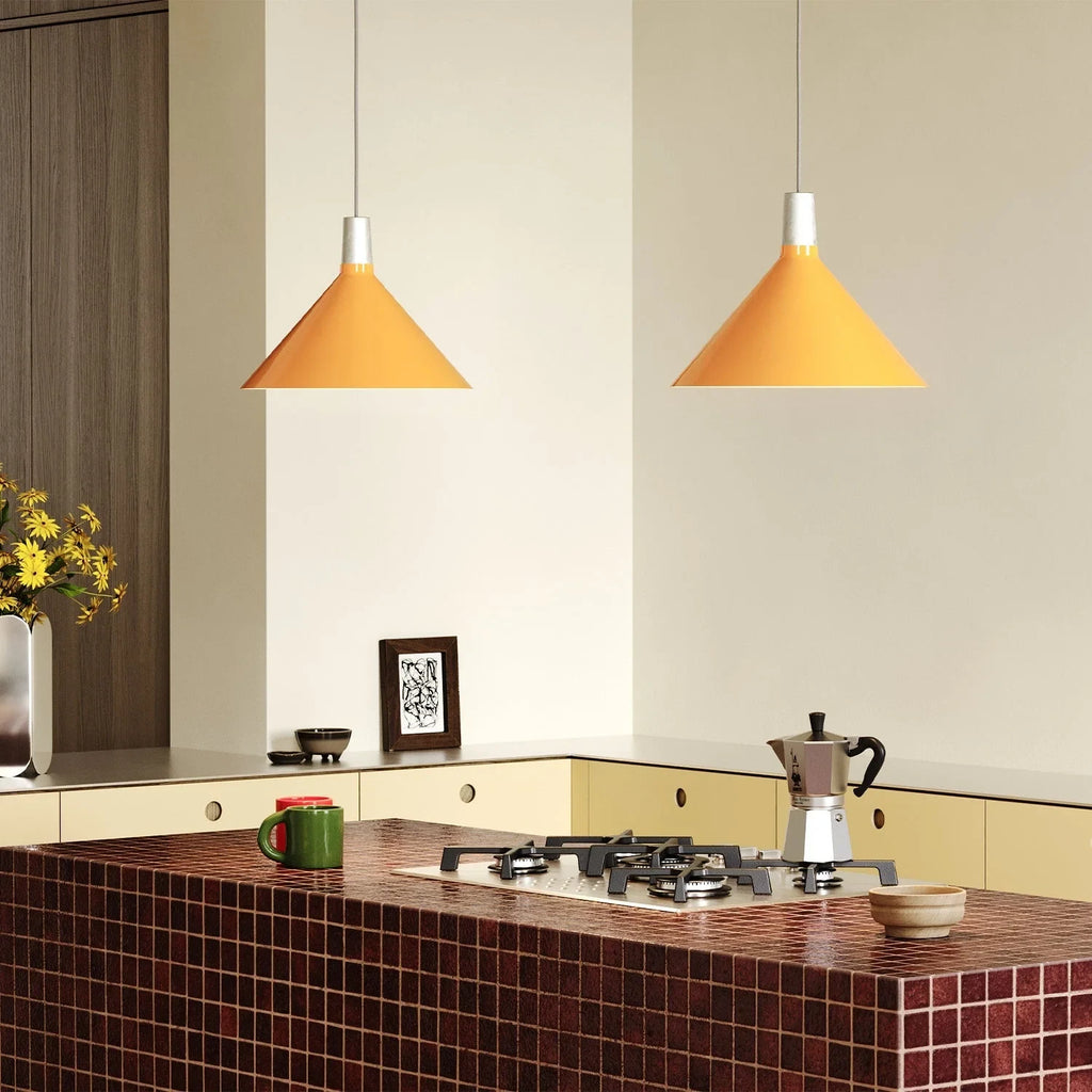 Steel Coolie Pendant, a pair over a kitchen island
