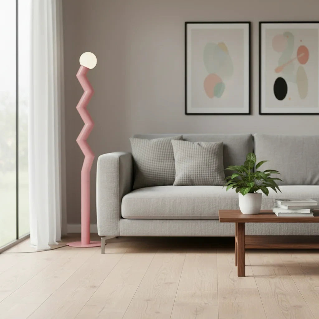 Zigzag floor lamp with frosted glass globe, pink version in a living room