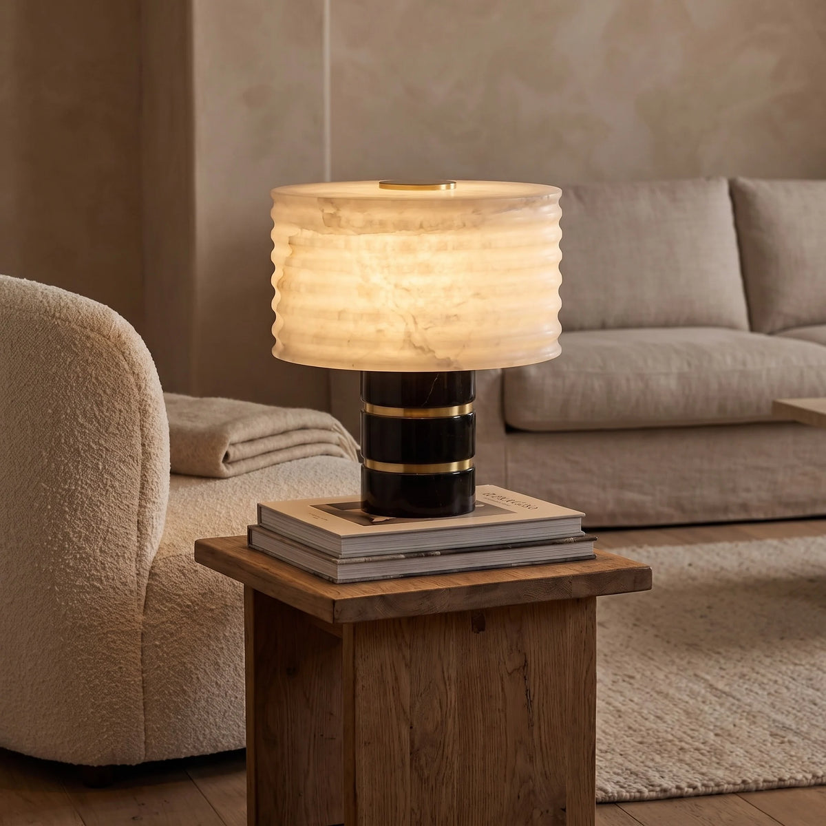Alabaster table lamp glowing in a living room